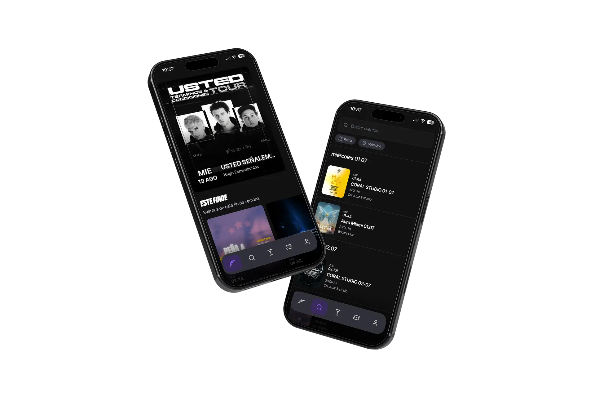 App de FlashPass en dos iPhones: feed de eventos destacados y buscador de eventos por fecha y ubicación