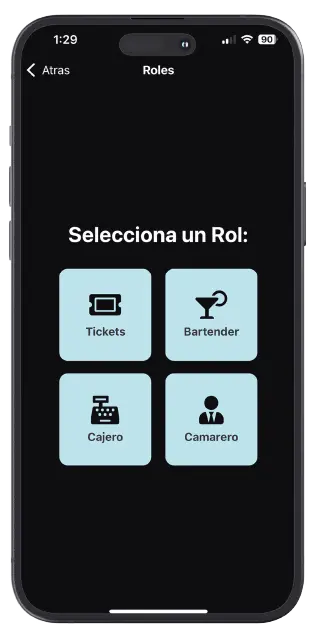Selección de rol en la app Flash Producers: Tickets, Bartender, Cajero, Camarero